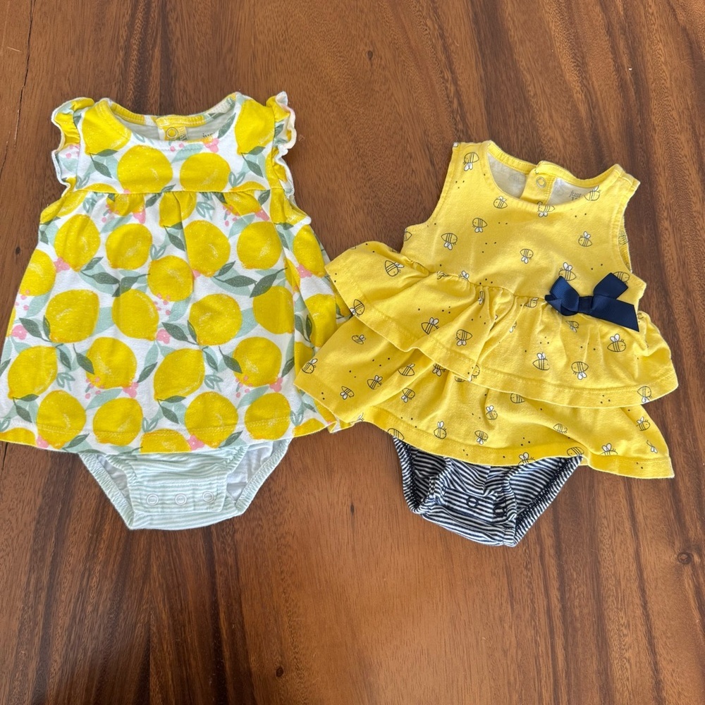 Just One You Baby Girl Set of 2 Rompers Yellow, Black, Lemons and Bee Design 6M